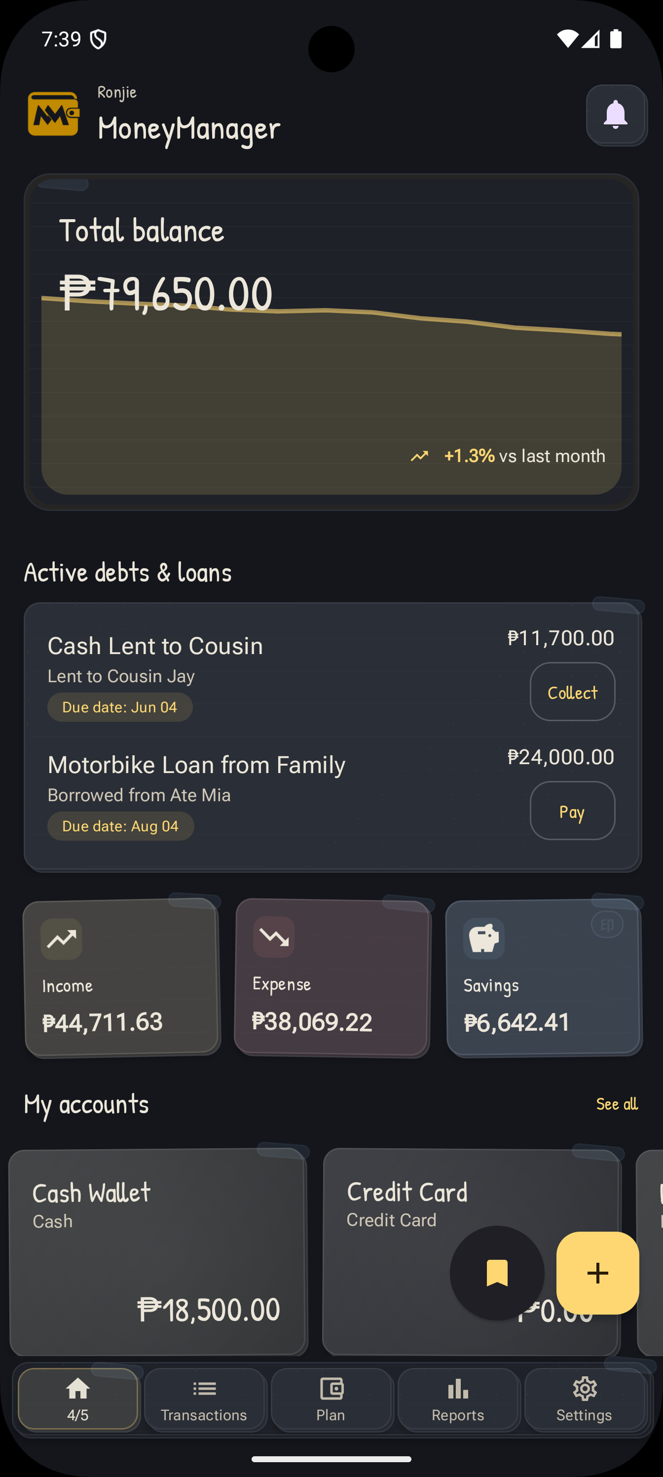Money Manager home dashboard screenshot